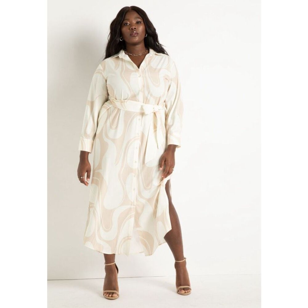 Eloquii Cream and Beige Swirl Maxi Shirt Dress
